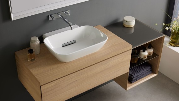 Geberit ONE lay-on washbasin, washbasin cabinet in oak, Geberit ONE lay-on washbasin, washbasin cabinet in oak,