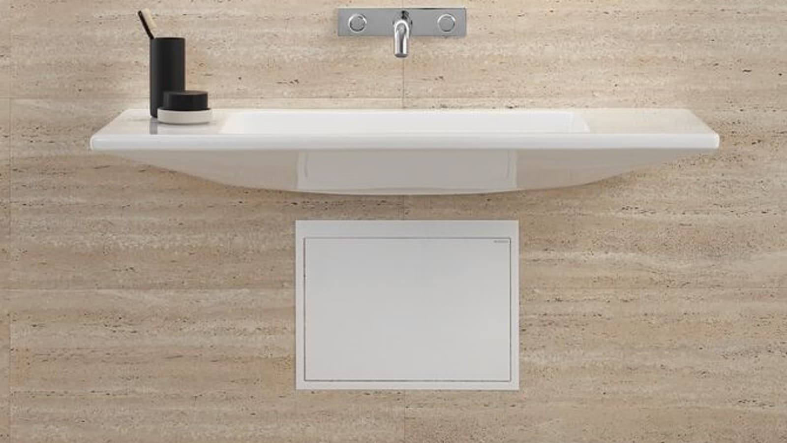 Geberit ONE washbasin with a concealed trap allowing access underneath. Geberit ONE washbasin with a concealed trap allowing access underneath.