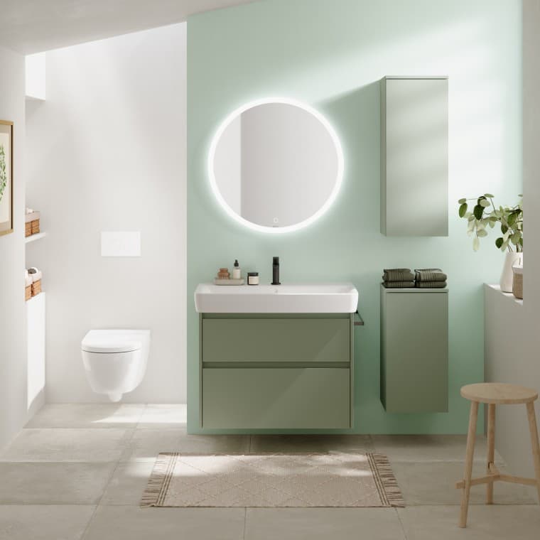 Geberit Selnova Square furniture in green combined with lofty white Geberit Selnova Square furniture in green combined with lofty white