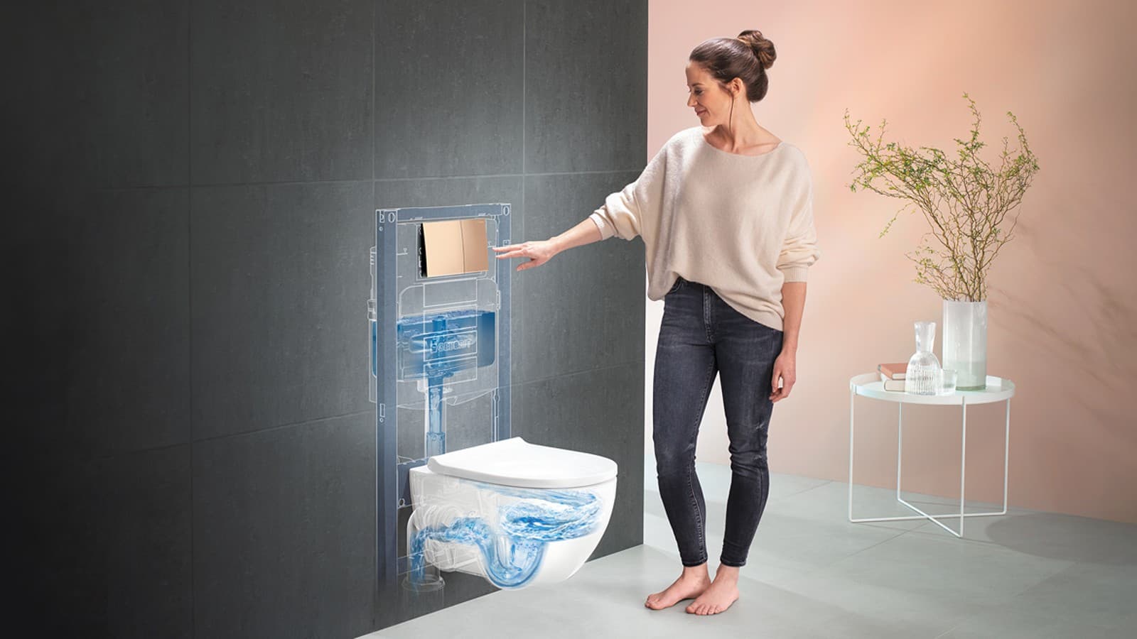 Woman flushes the toilet on the Geberit Acanto WC system with TurboFlush Woman flushes the toilet on the Geberit Acanto WC system with TurboFlush