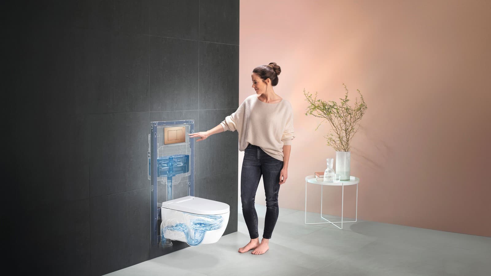 Woman next to Geberit AquaClean Alba with Geberit TurboFlush Woman next to Geberit AquaClean Alba with Geberit TurboFlush