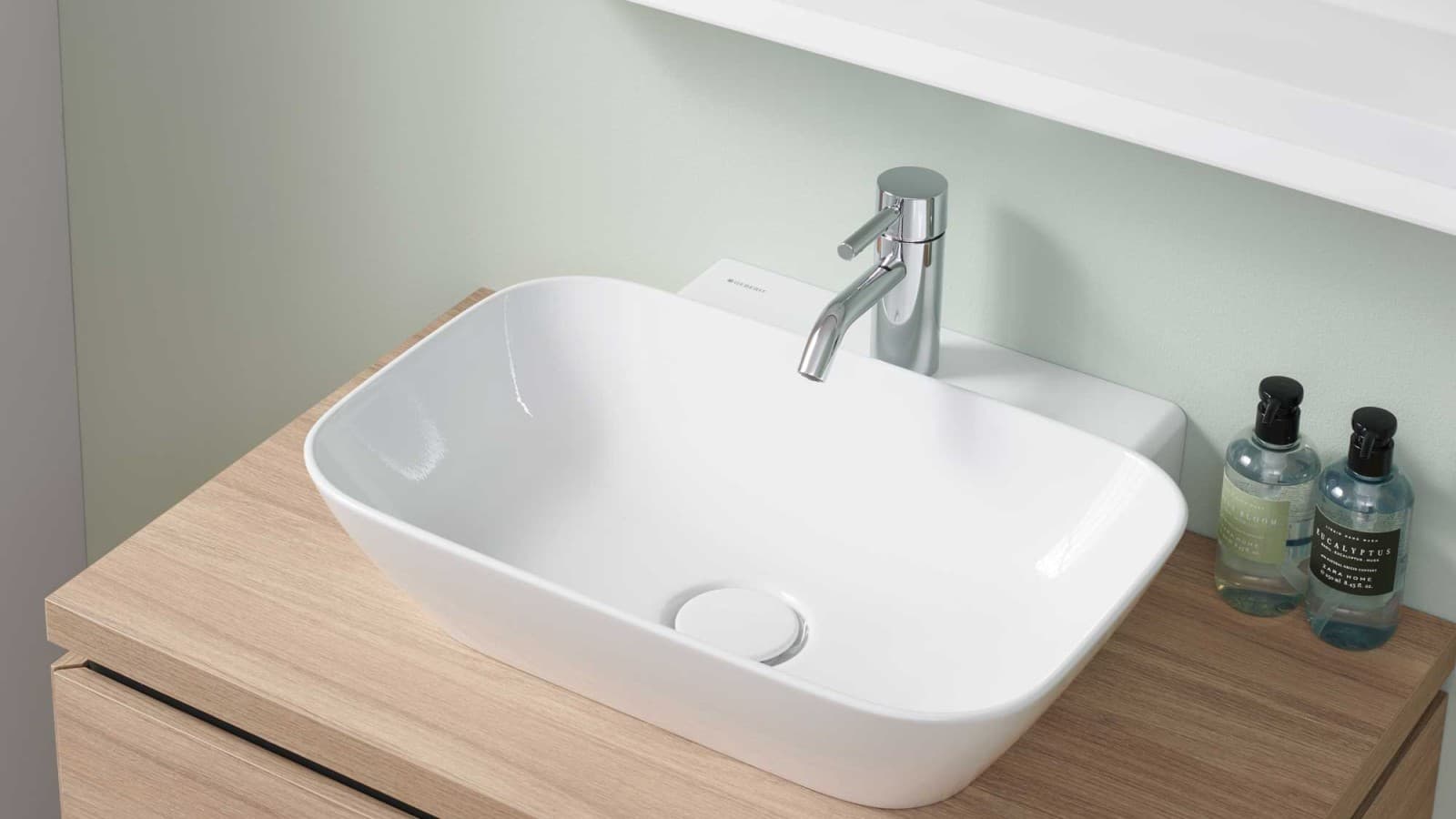 Geberit ONE guest bathroom with small lay-on washbasin Geberit ONE guest bathroom with small lay-on washbasin