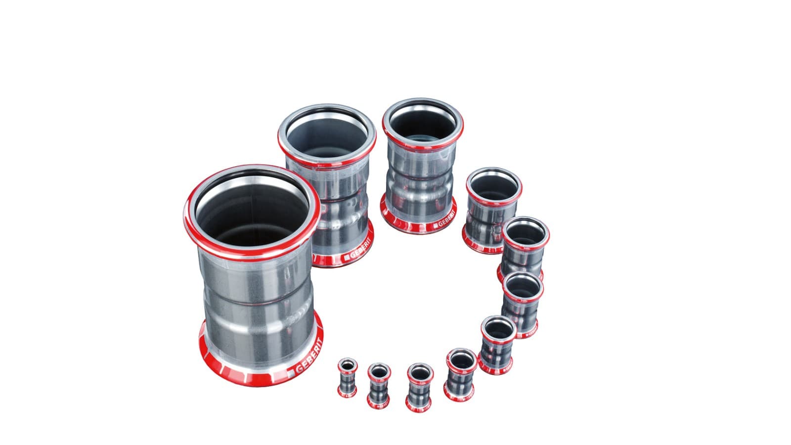 Geberit Mapress Carbon Steel fitting with red pressing indicator and black O-ring Geberit Mapress Carbon Steel fitting with red pressing indicator and black O-ring